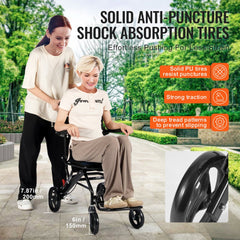 Lightweight foldable aluminum transport wheelchair with flip-up armrests and puncture-proof tires.