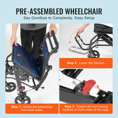 Lightweight foldable aluminum transport wheelchair with flip-up armrests and puncture-proof tires.