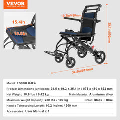 Lightweight aluminum transport wheelchair with foldable design, 220 lbs capacity, and puncture-proof tires.