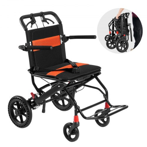 Lightweight aluminum foldable transport wheelchair with an 18-inch seat and self-locking brakes.
