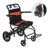 Lightweight aluminum foldable transport wheelchair with an 18-inch seat and self-locking brakes.