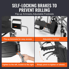 Bostome foldable steel transport wheelchair with 24" seat and self-locking brakes.