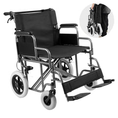 Bostome foldable steel transport wheelchair with 24" seat and self-locking brakes.