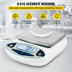 A white digital scale with a silver weighing pan displays "0.01g" with a feather on top.