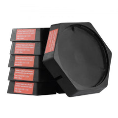 Round rubber leveling pads in a 6-pack, designed for RV jack stabilization.