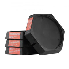 Four black hexagonal 9-inch rubber RV leveling pads stacked together.