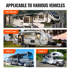 Infographic showing Bostome RV leveling pads applicable to fifth wheels, travel trailers, Class A and C RVs.