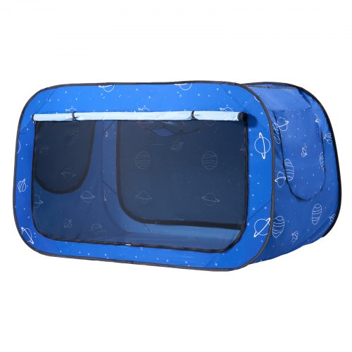 Blue pop-up play tent with starry space print and mesh windows.