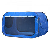 Blue pop-up play tent with starry space print and mesh windows.