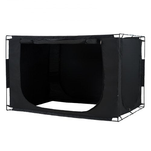 Black 3-door blackout bed tent with open side panel and frame.