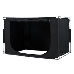 Blackout bed tent with three doors, light-blocking fabric, and breathable mesh pockets.