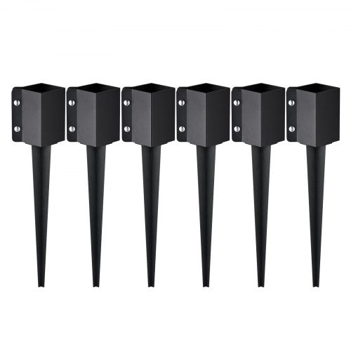 Six black steel fence post anchors with 24-inch ground spikes in a pack.