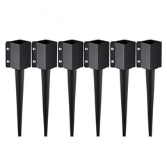 Six black steel fence post anchors with 24-inch ground spikes in a pack.