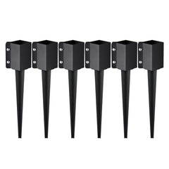 Six black steel fence post anchors with 24-inch spikes in a pack.