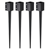 Black 3.5" steel fence post anchor ground spike with included nuts and screws, four-pack.
