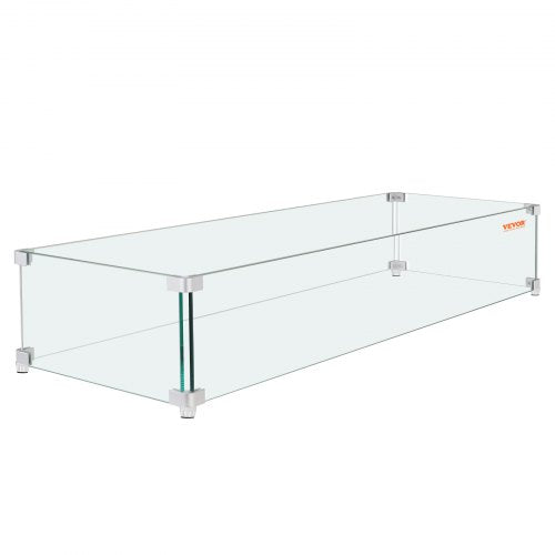 Clear tempered glass wind guard for a 38" rectangular fire pit with polished edges.
