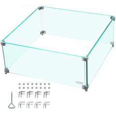 Clear tempered glass wind guard for 14x14 inch fire pit, 6 inches high with aluminum brackets.