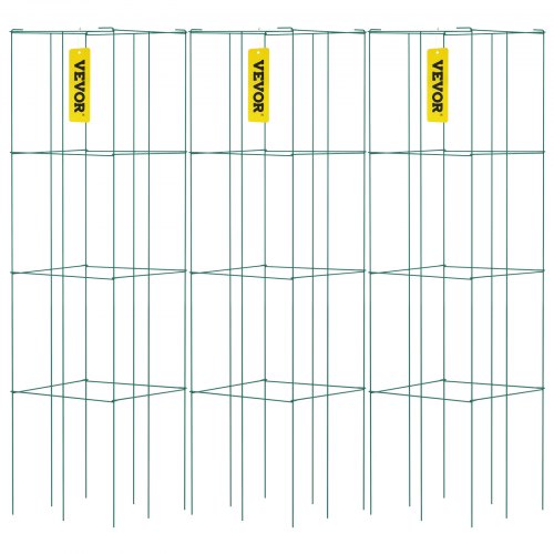 Set of three green PVC-coated steel tomato cages measuring 14.6 by 39.4 inches each.