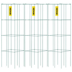 Set of three green PVC-coated steel tomato cages measuring 14.6 by 39.4 inches each.