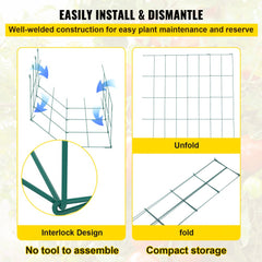 Three green PVC-coated steel tomato cages showing interlock assembly, folding, and unfolding for easy storage.