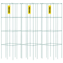 Three green PVC-coated steel tomato cages, each 14.6x39.4 inches with three tiers and yellow tags.