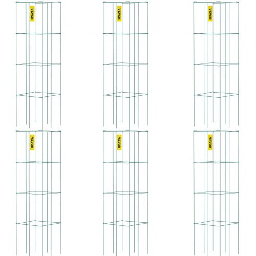 Green PVC-coated steel tomato cages with a 3-tier square design for plant support.