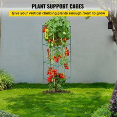 Green PVC-coated steel tomato cages in a 6-pack with a 3-tier square design.