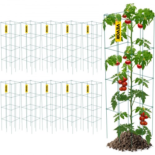 10-pack of green PVC-coated steel square tomato cages, 11.8x46.1 inches, shown assembled with plants.