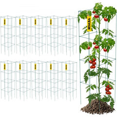 10-pack of green PVC-coated steel square tomato cages, 11.8x46.1 inches, shown assembled with plants.