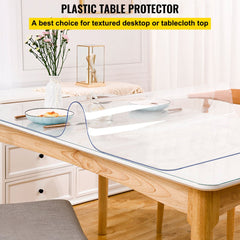 Clear PVC table protector, 24x60 inches, 1.5mm thick, on a wooden dining table.