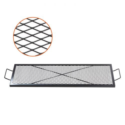Black 44-inch heavy duty steel fire pit grill grate with diamond-shaped mesh for even cooking.
