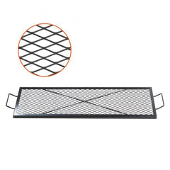 Black 44-inch heavy duty steel fire pit grill grate with diamond-shaped mesh for even cooking.