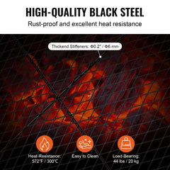 Black 44-inch heavy duty steel fire pit grill grate with diamond-shaped mesh for even cooking.