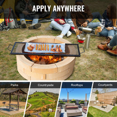 Black 44-inch heavy duty steel fire pit grill grate with diamond-shaped mesh for even cooking.