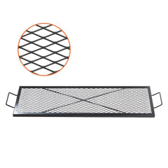 Black 44-inch heavy duty steel fire pit grill grate with a diamond-shaped mesh cooking surface.