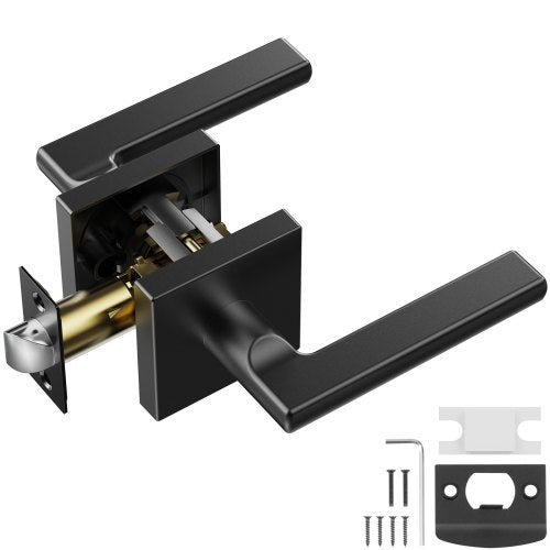 Matte black reversible non-locking passage door lever with square rose and hardware.
