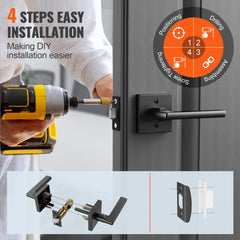 Matte black reversible non-locking passage door lever with 4-step installation diagram.