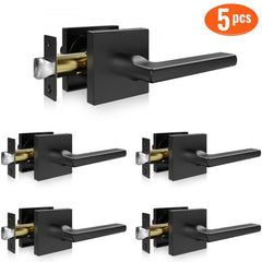 Five matte black reversible passage door levers in a pack, shown from multiple angles.