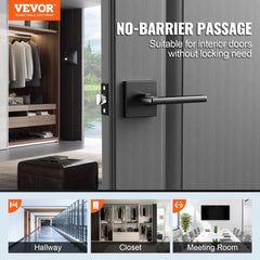 Matte black reversible passage door levers from VEVOR, shown installed on interior doors in a modern home.