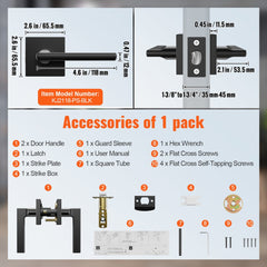 A matte black door handle set with dimensions and a list of included accessories.