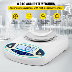 Digital scale with a stainless steel pan, LCD display, and precise 3000g x 0.01g measurement.