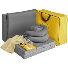 Bostome universal spill kit with 43 pieces in a yellow bag, 20-gallon absorption capacity.