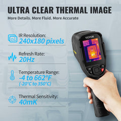 Handheld Bostome SC240 thermal imaging camera with 240x180 IR resolution display and specs overlay.