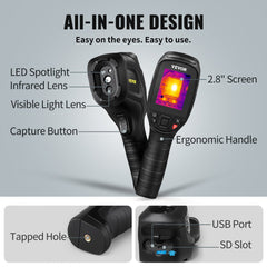 Bostome SC240 thermal imaging camera with 2.8-inch screen, ergonomic handle, LED spotlight, and labeled ports.