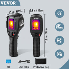 Black Bostome SC240 thermal imaging camera with 240x180 resolution display, shown from side and front views with dimensions, USB cable, SD card, and protective bag.