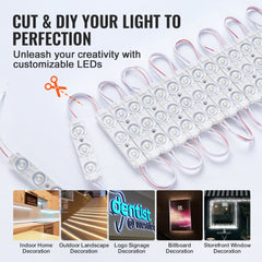 200PCS 2835 SMD LED modules for storefront lights, 103ft long, DC12V, IP68 waterproof, shown in customizable setups for indoor, outdoor, signs, and windows.