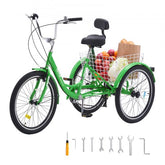 Green Bostome 26" 7-speed adult tricycle with a carbon steel frame and large rear basket.