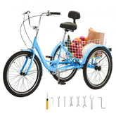 Bostome 26" adult tricycle in blue with a large rear basket and carbon steel frame.