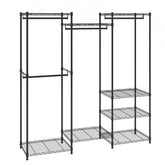 Heavy duty rolling garment rack with four rods, eight tiers, and smooth-rolling wheels.
