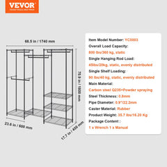 Heavy duty rolling garment rack with four rods, eight shelves, and smooth-rolling wheels.